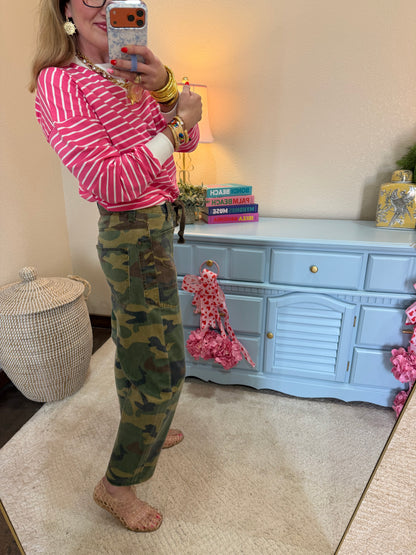 Fuchsia Striped Pullover Dorito Neck Stitched Top