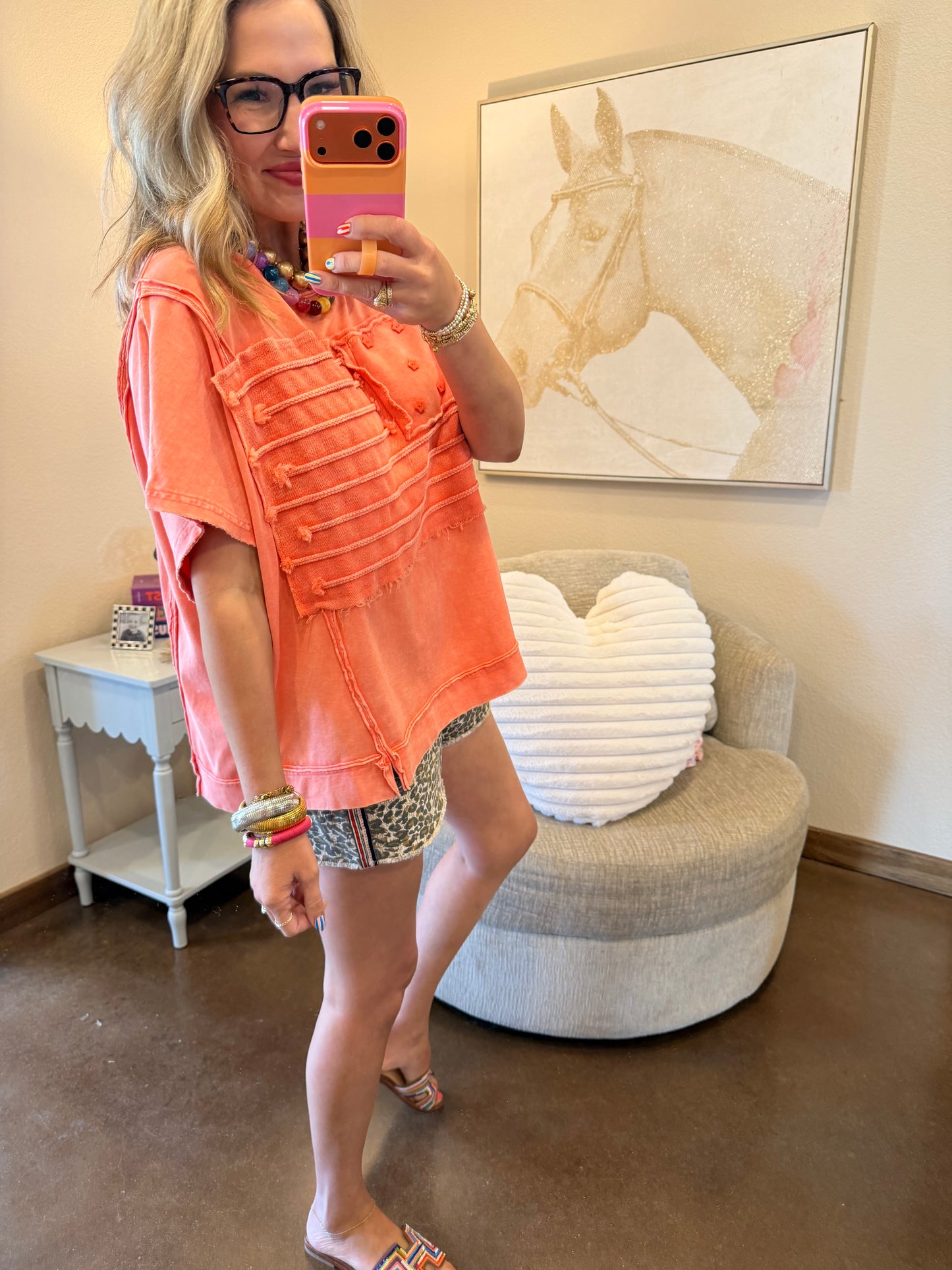 Coral American Flag Mineral Wash Top