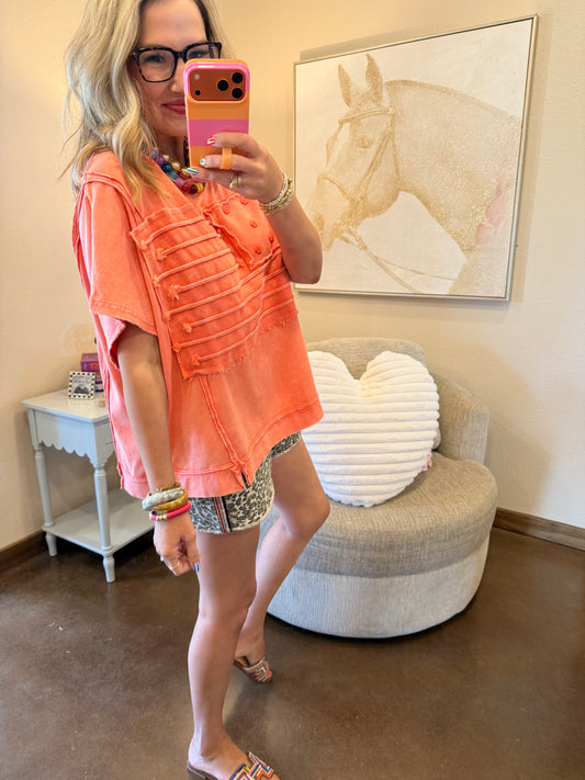 Coral American Flag Mineral Wash Top