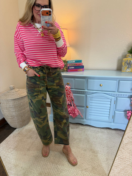 Fuchsia Striped Pullover Dorito Neck Stitched Top