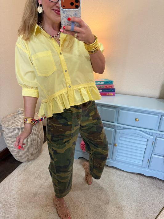Yellow Collared Ruffle Bottom Top