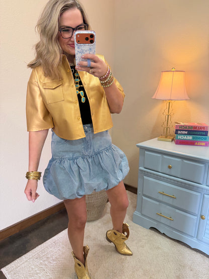 Gold Faux Leather Crop Short Sleeve