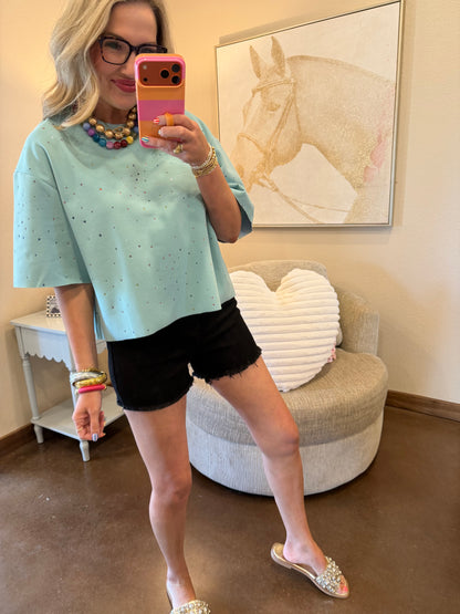 Light Blue Multi Colored Star Cut Out Overlay Top