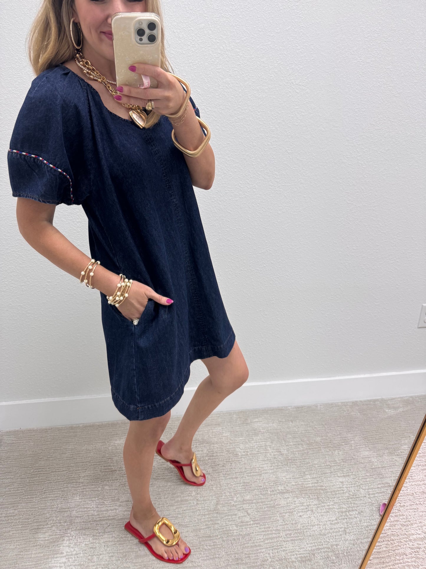 Dark Denim V-Neck Dress with Piping Detail FS