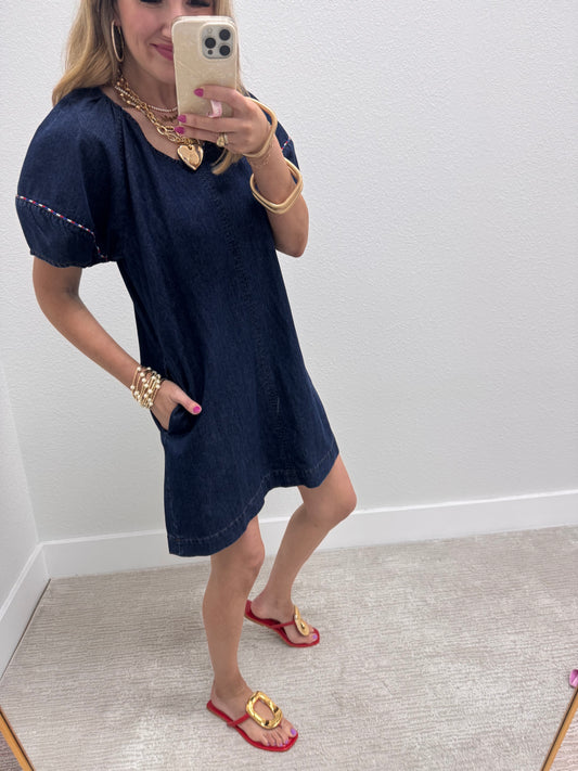 Dark Denim V-Neck Dress with Piping Detail FS