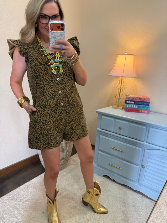 Taupe Leopard Romper with Ruffle Sleeves