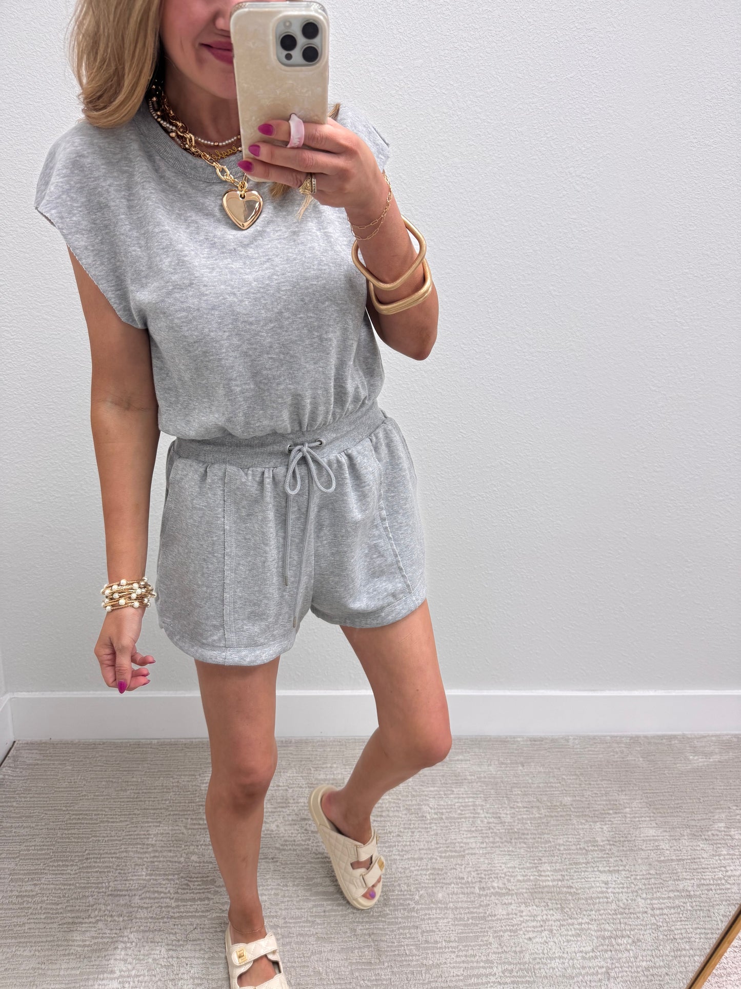 Grey Open Back Romper with Drawstring Waist