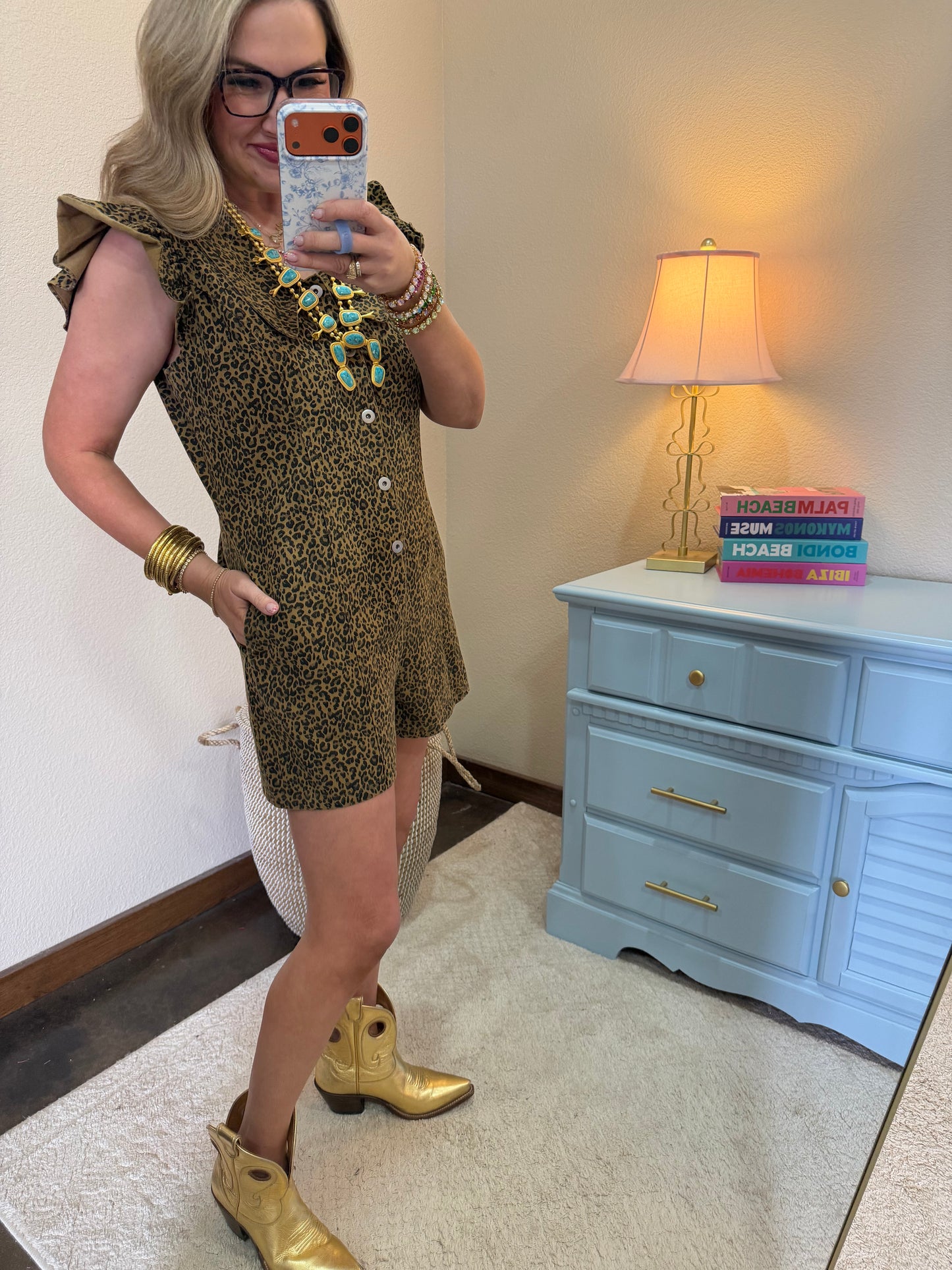 Taupe Leopard Romper with Ruffle Sleeves