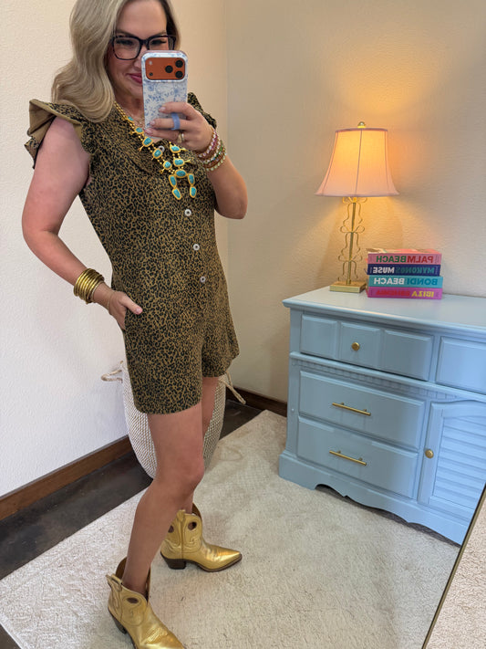 Taupe Leopard Romper with Ruffle Sleeves