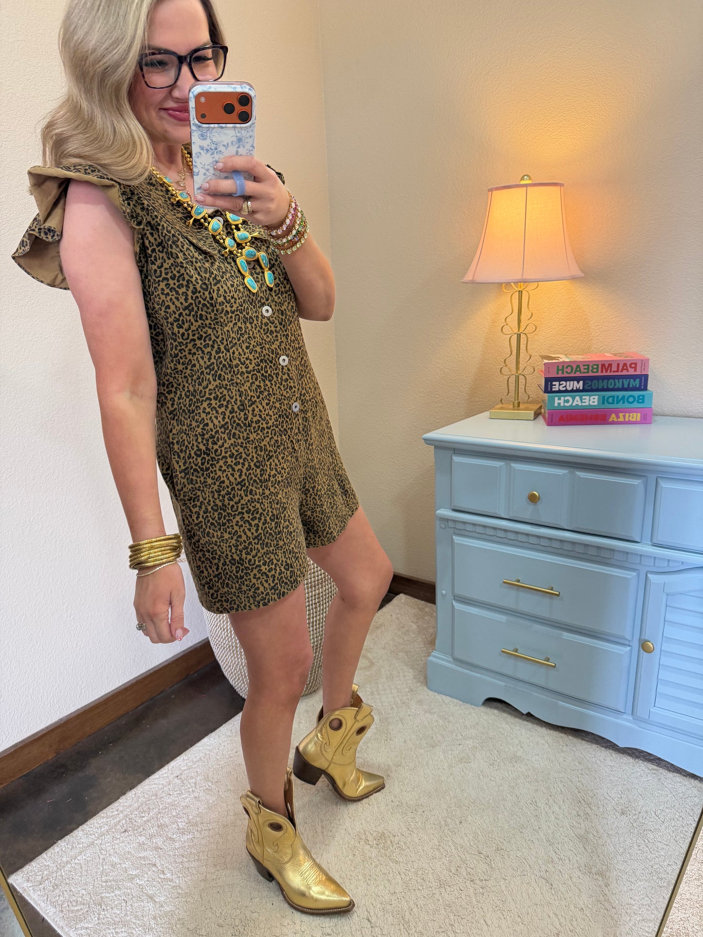 Taupe Leopard Romper with Ruffle Sleeves