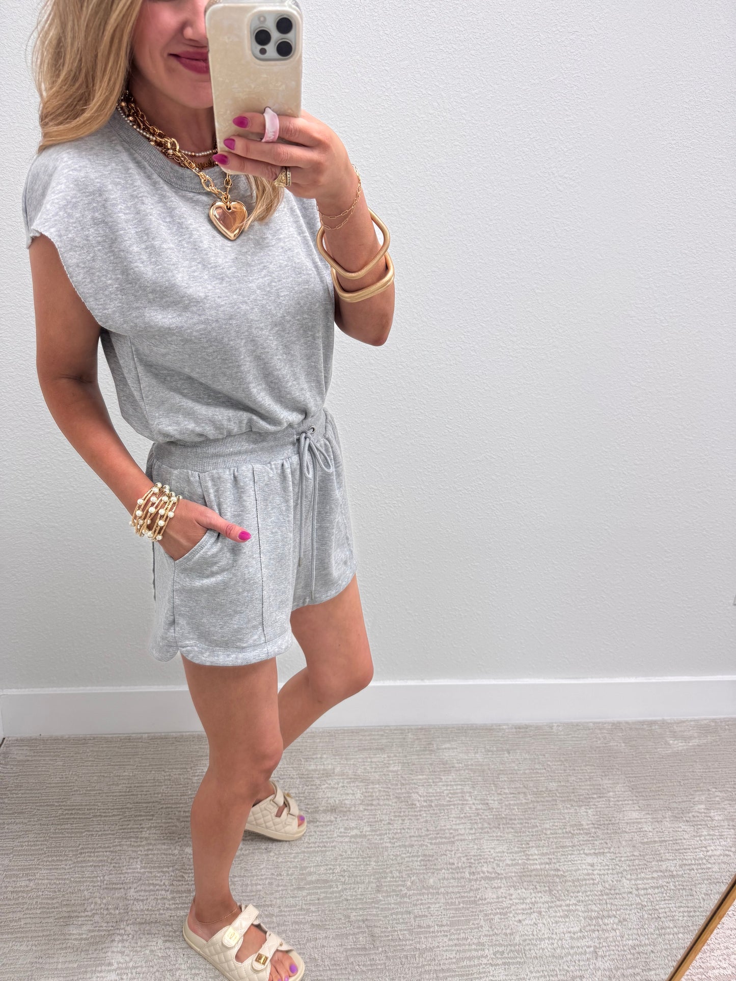 Grey Open Back Romper with Drawstring Waist