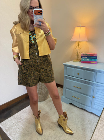 Taupe Leopard Romper with Ruffle Sleeves