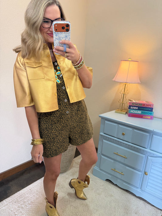 Gold Faux Leather Crop Short Sleeve