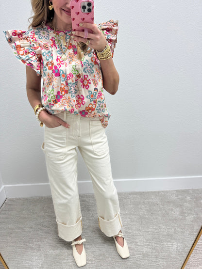Risen Ivory High Rise Wide Straight Turn Up Cuff Pants FS