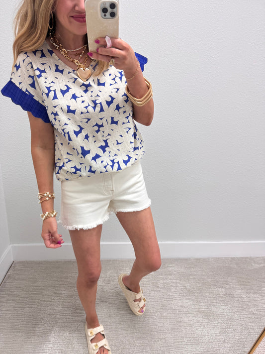 Blue and White Floral Overlay Top