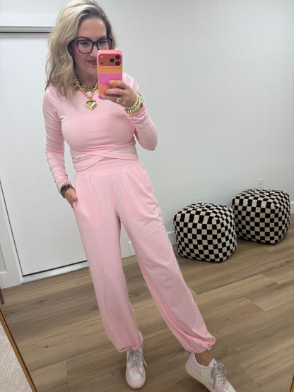 Pink Cotton Lycra Crossover Long Sleeve Set