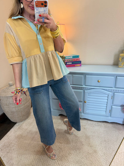 Tan Snap Button Mixed Color Block Peplum Top