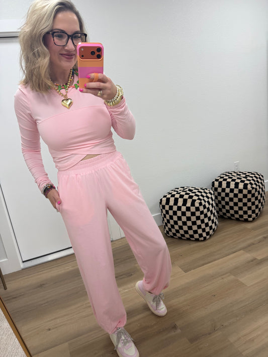 Pink Cotton Lycra Crossover Long Sleeve Set