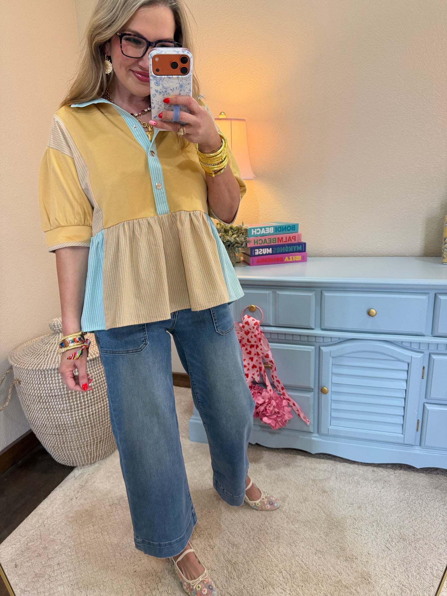 Tan Snap Button Mixed Color Block Peplum Top