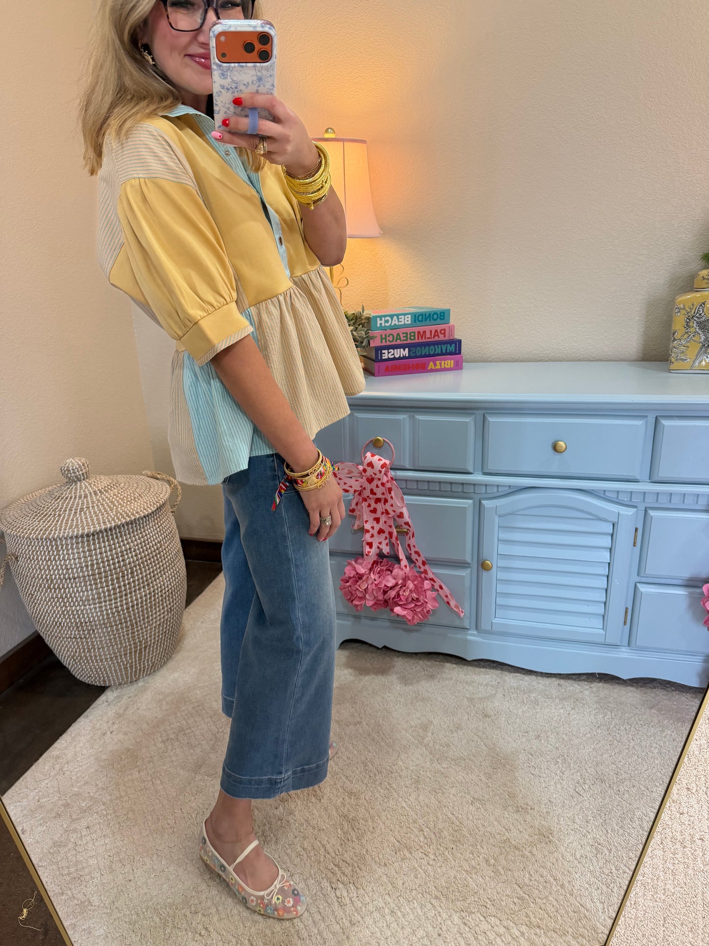 Tan Snap Button Mixed Color Block Peplum Top