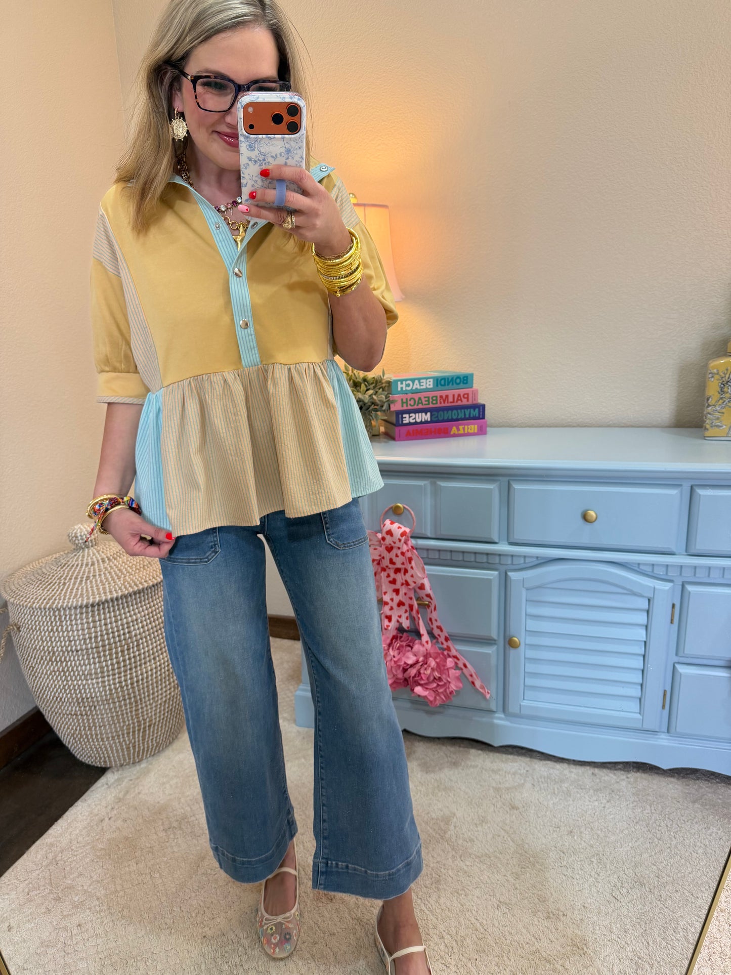 Tan Snap Button Mixed Color Block Peplum Top