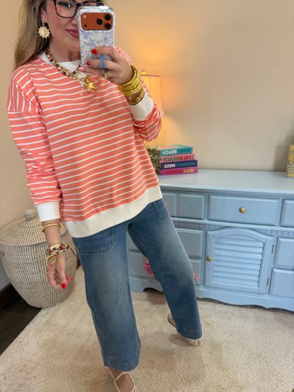 Coral Striped Pullover Dorito Neck Stitched Top