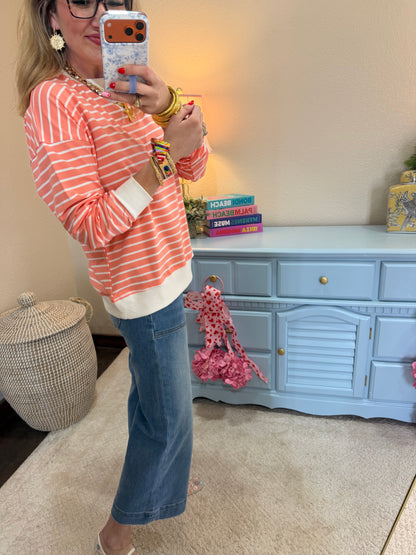 Coral Striped Pullover Dorito Neck Stitched Top