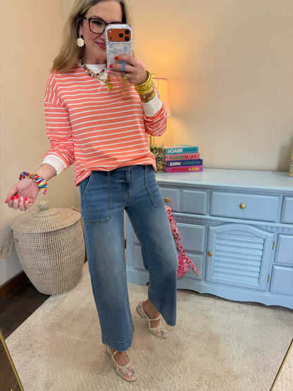 Coral Striped Pullover Dorito Neck Stitched Top