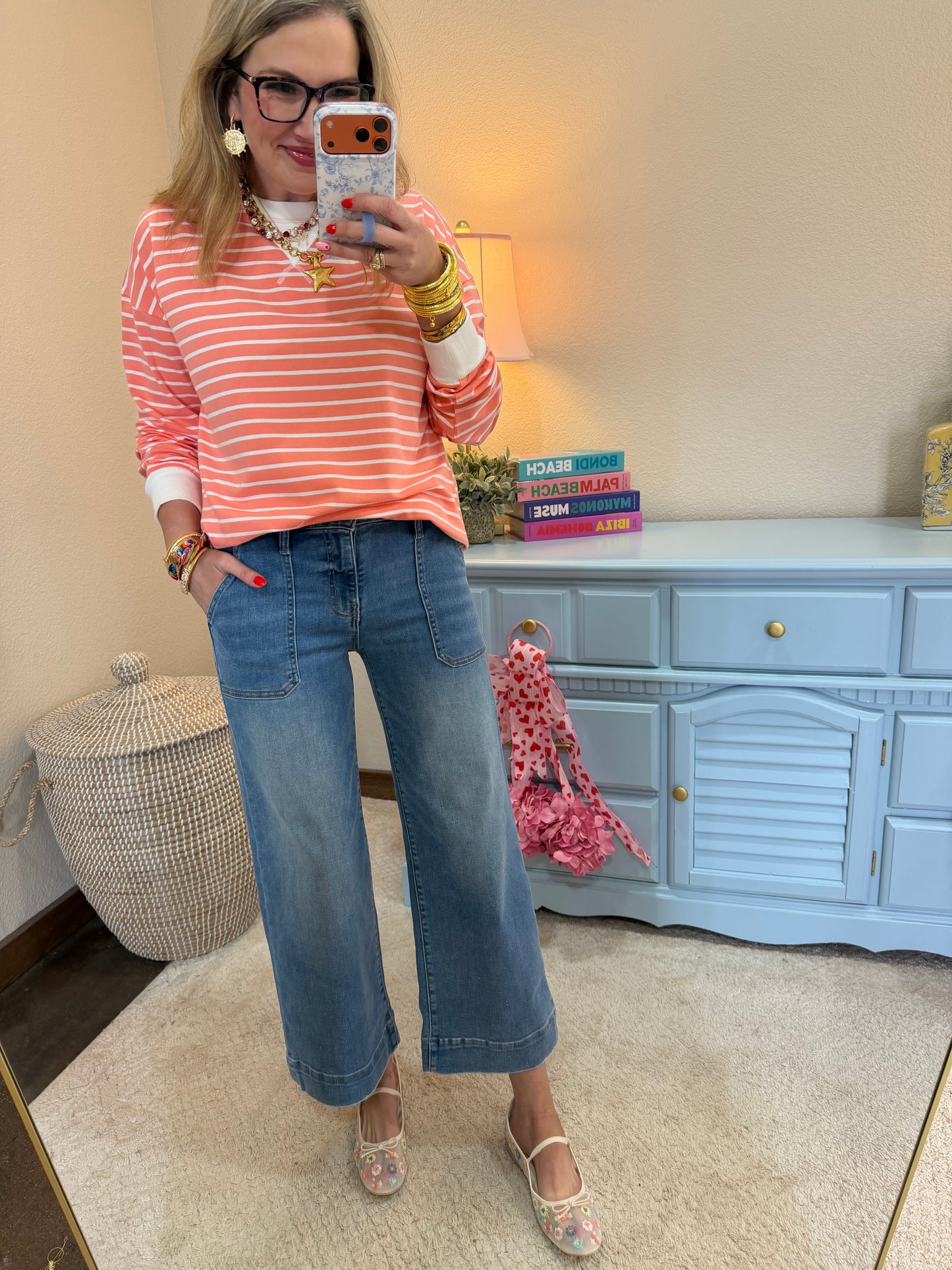 Coral Striped Pullover Dorito Neck Stitched Top