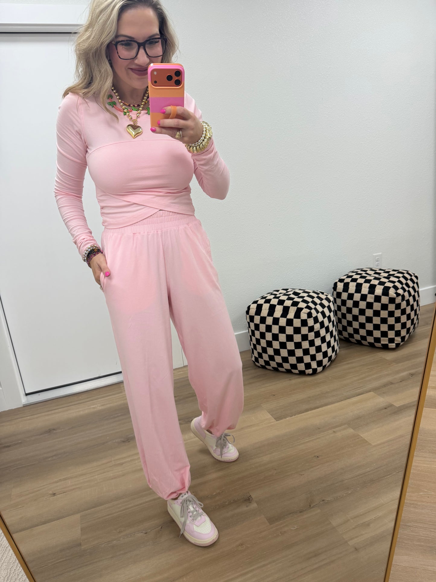 Pink Cotton Lycra Crossover Long Sleeve Set