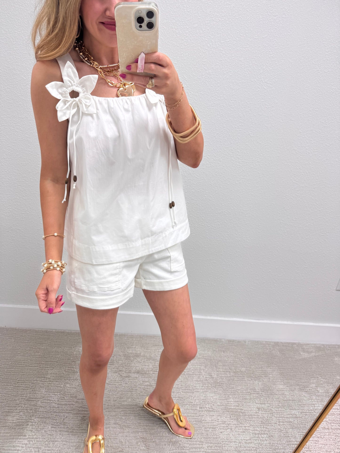 White Top with 3D Flower Detail Straps