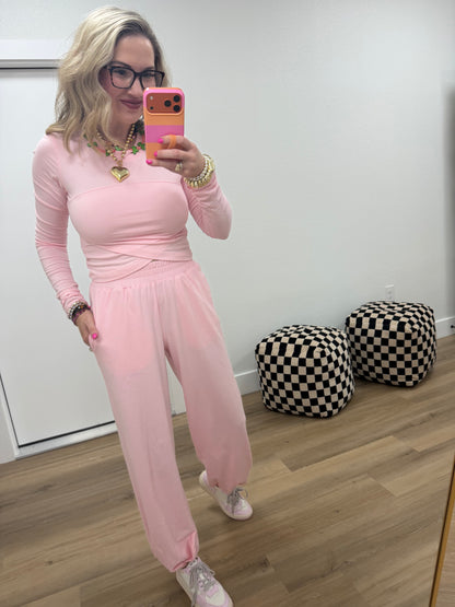 Pink Cotton Lycra Crossover Long Sleeve Set