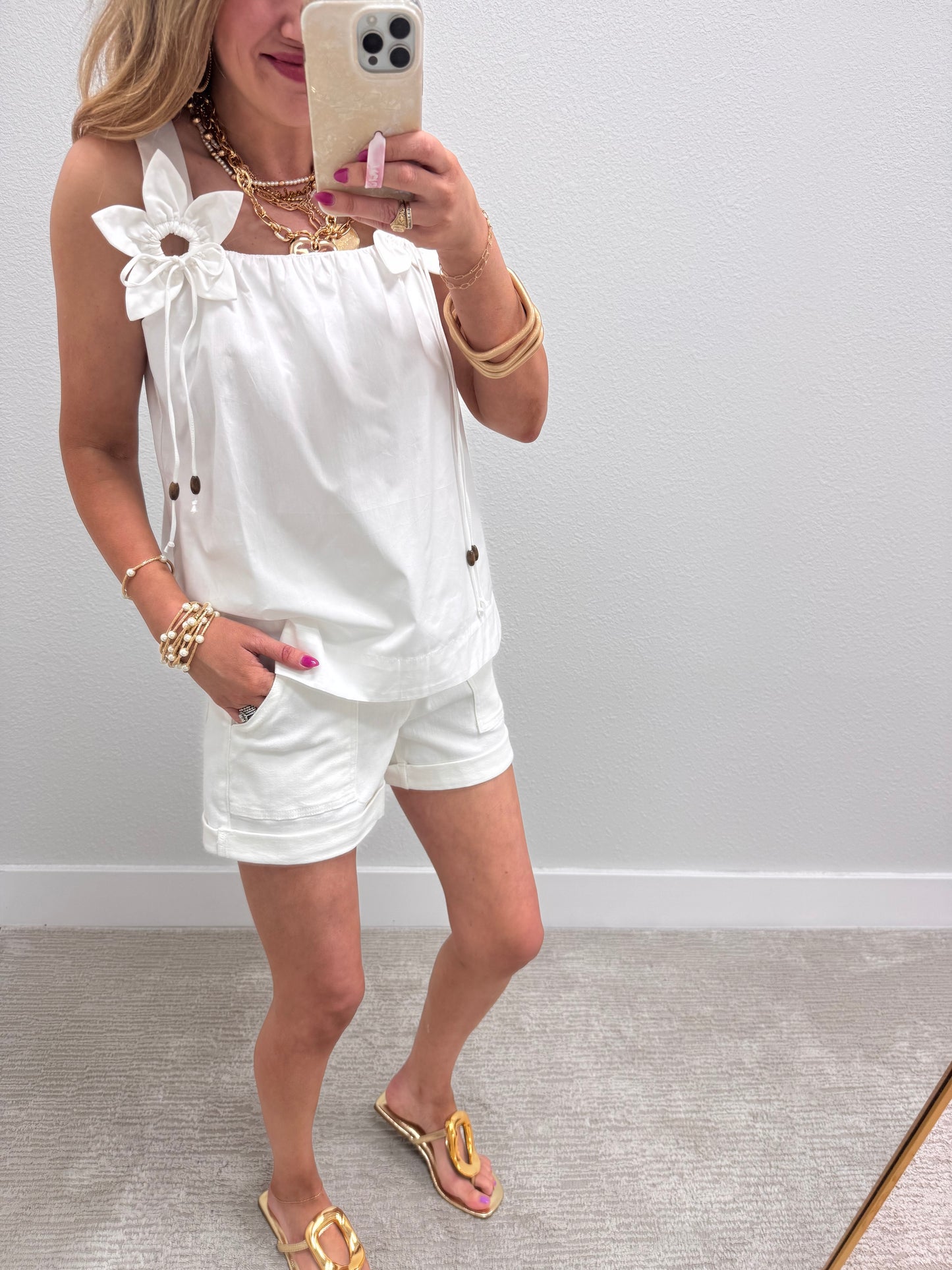 White Top with 3D Flower Detail Straps