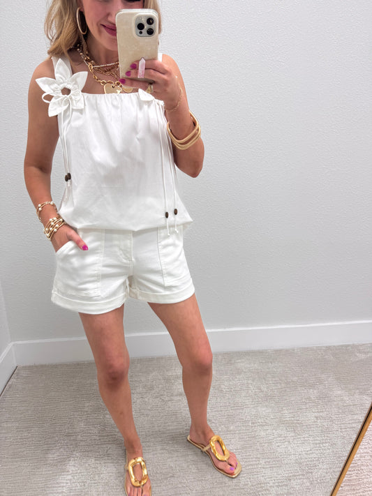 White Top with 3D Flower Detail Straps