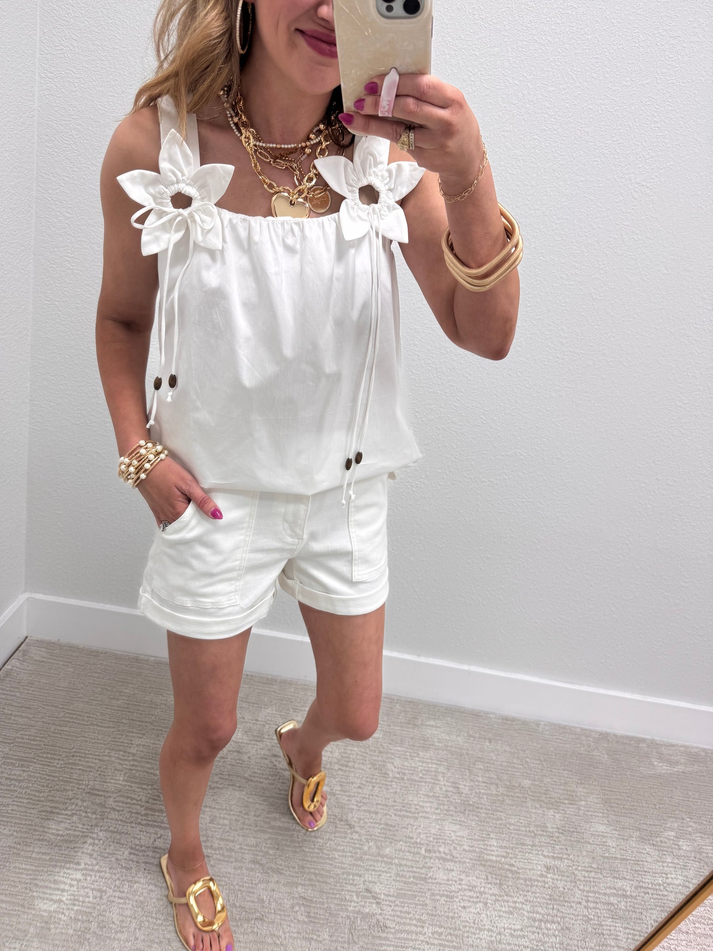 White Top with 3D Flower Detail Straps