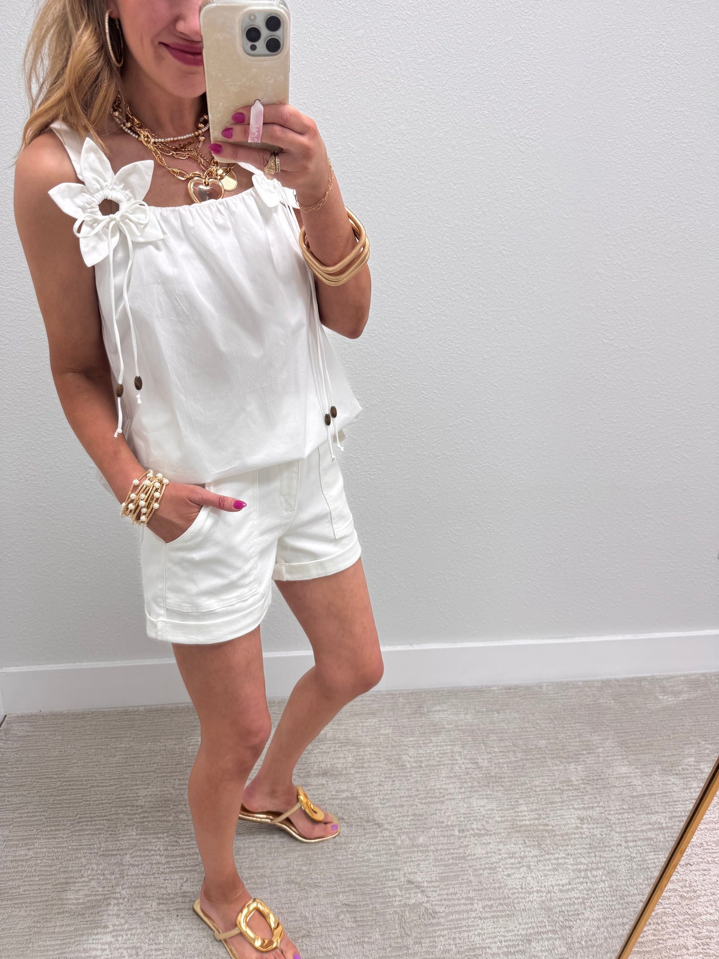 White Top with 3D Flower Detail Straps