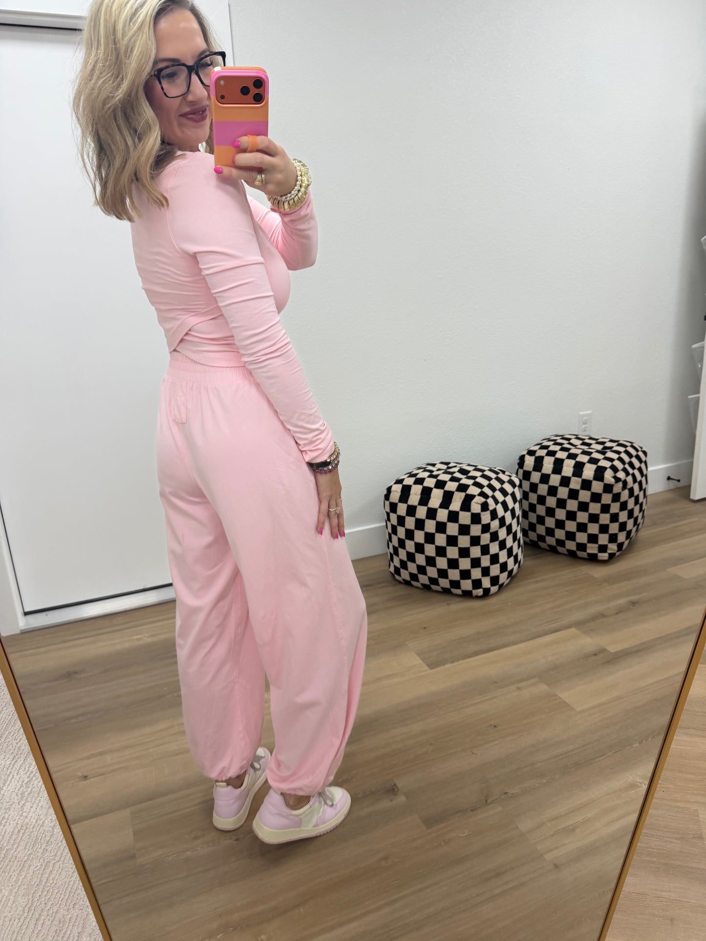 Pink Cotton Lycra Crossover Long Sleeve Set