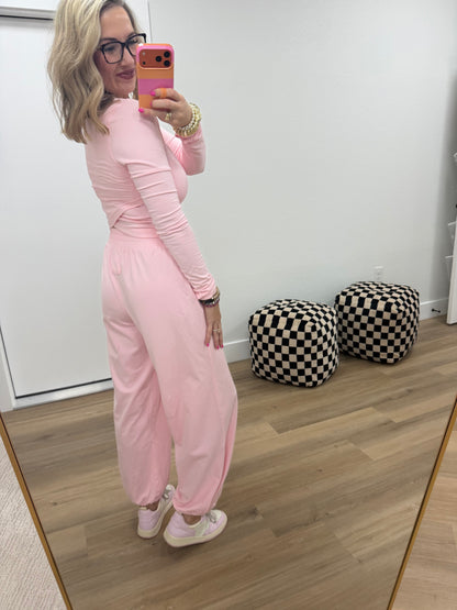 Pink Cotton Lycra Crossover Long Sleeve Set