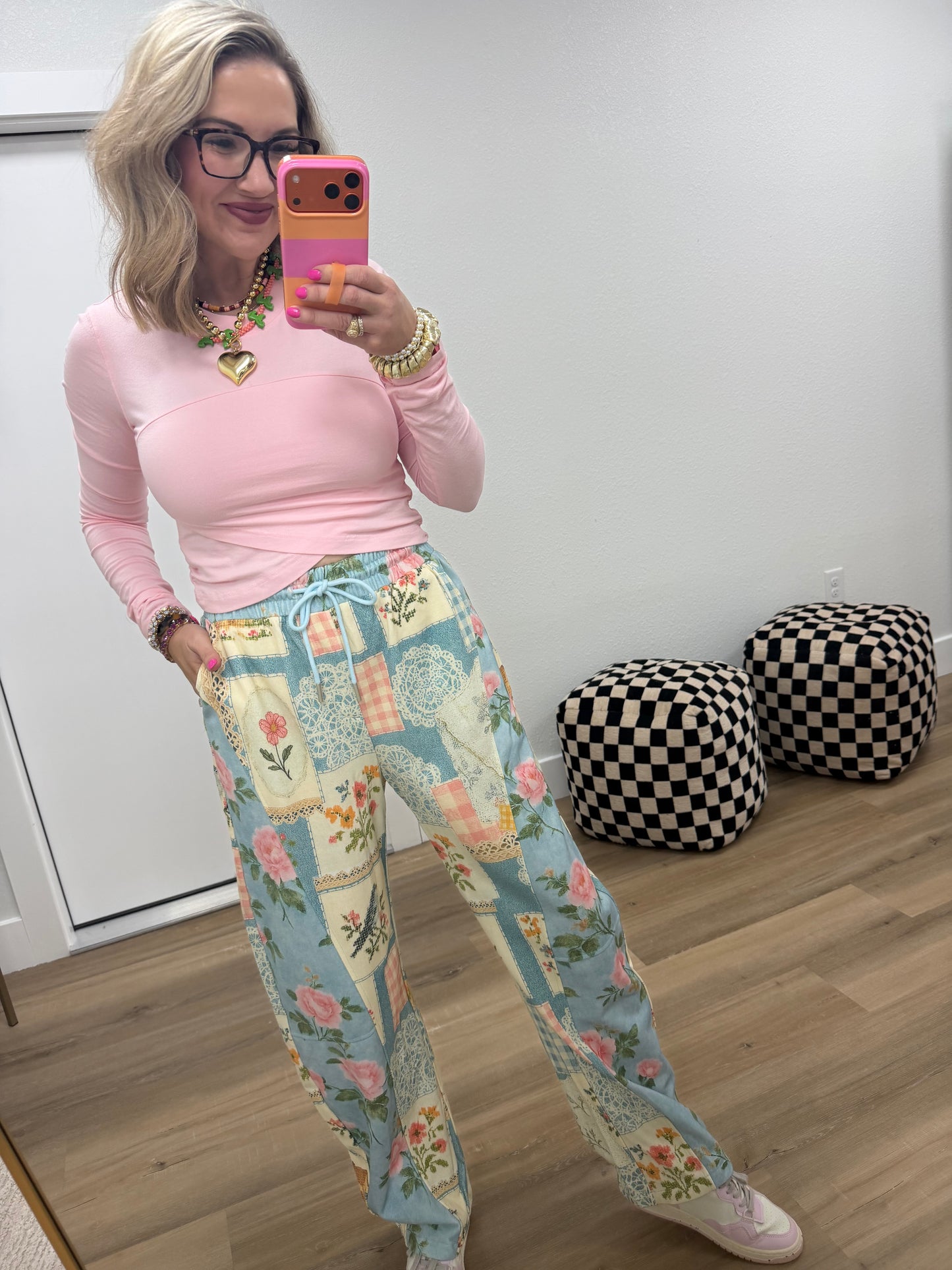 Blue Combo Cottage Floral Patchwork Print Knit Jogger Pants