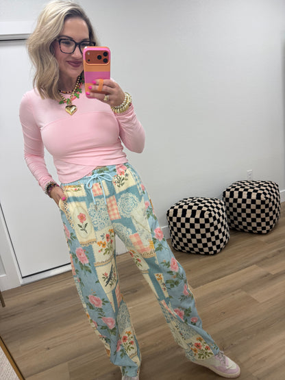 Blue Combo Cottage Floral Patchwork Print Knit Jogger Pants