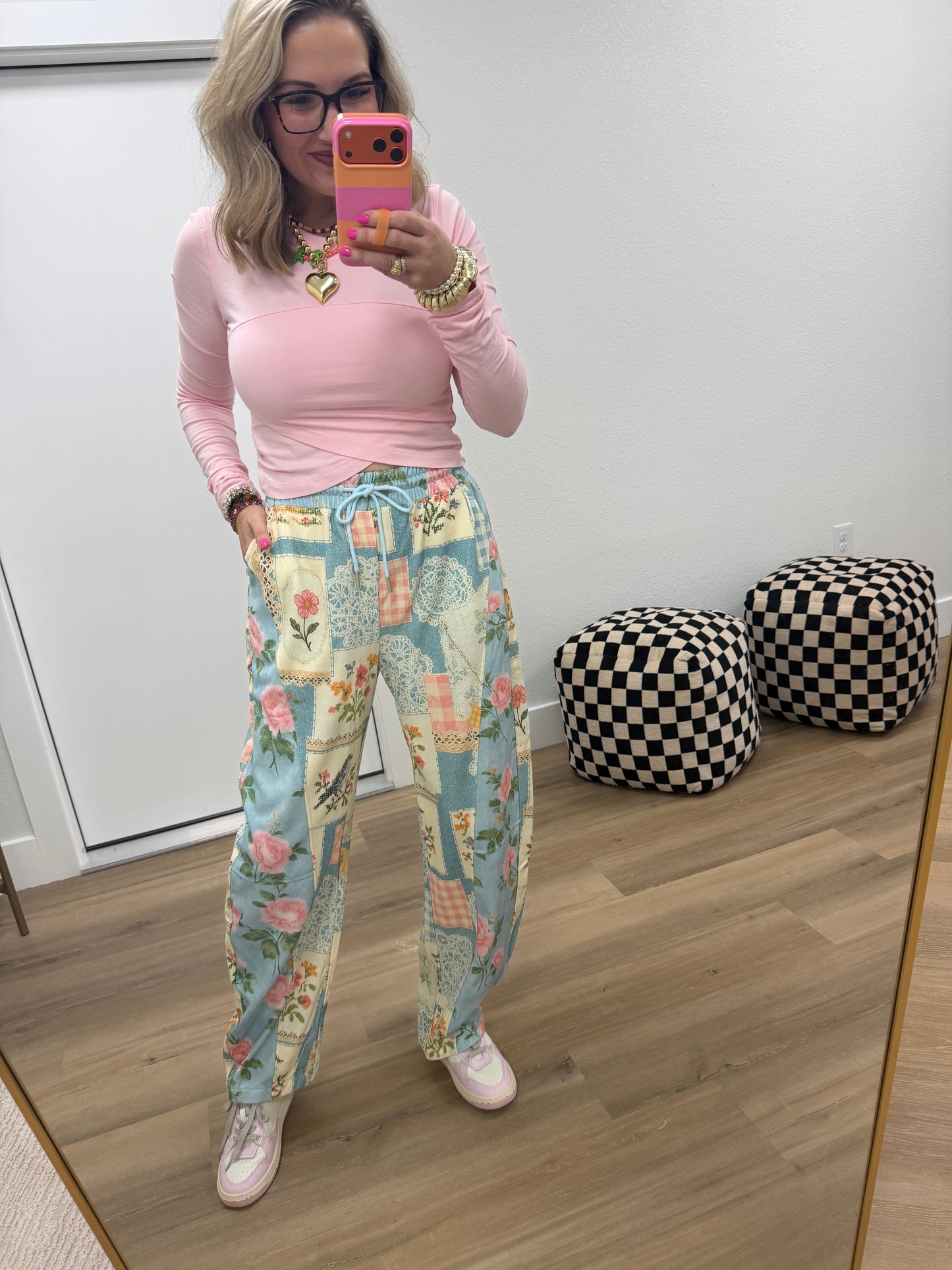 Blue Combo Cottage Floral Patchwork Print Knit Jogger Pants