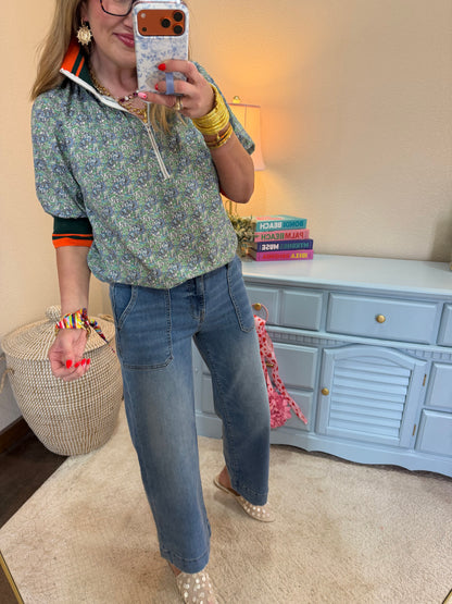 Green Striped Rib-Knit Half Zip Printed Top