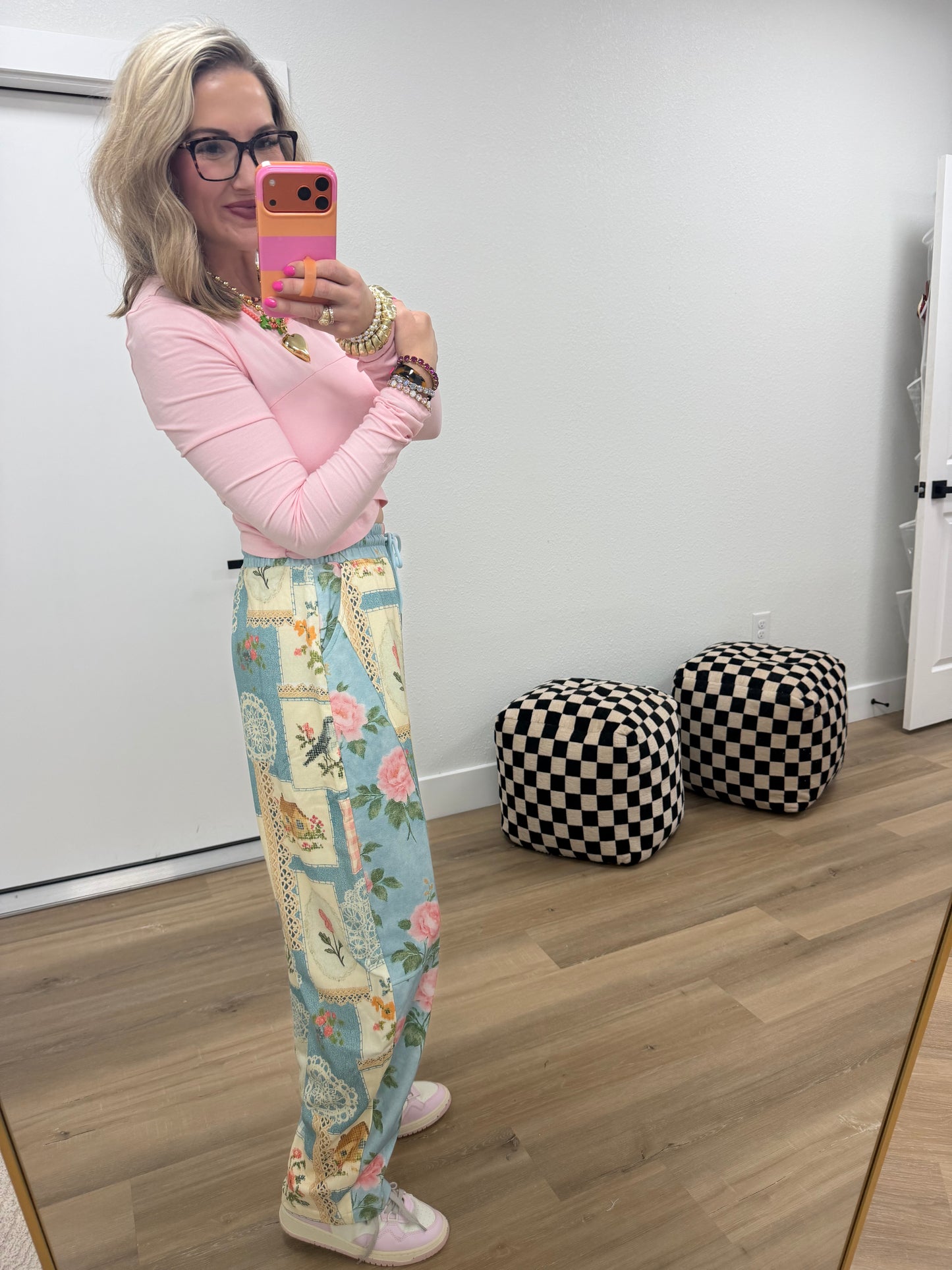Blue Combo Cottage Floral Patchwork Print Knit Jogger Pants