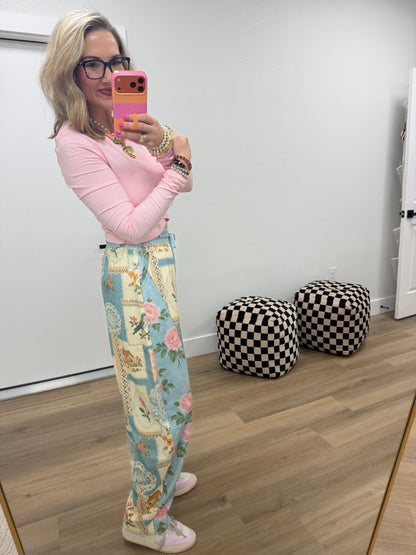 Blue Combo Cottage Floral Patchwork Print Knit Jogger Pants