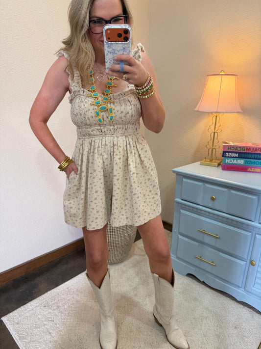 Floral Denim Romper With Pleated Detail