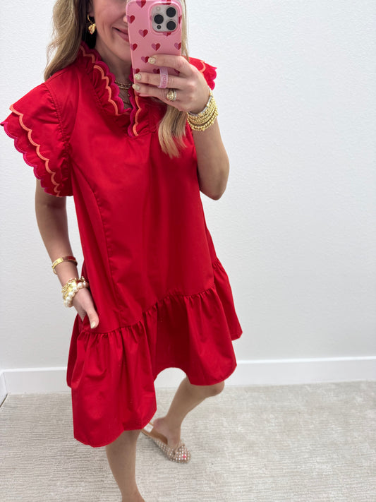 Red Ruffle Neck and Sleeve Dress FS