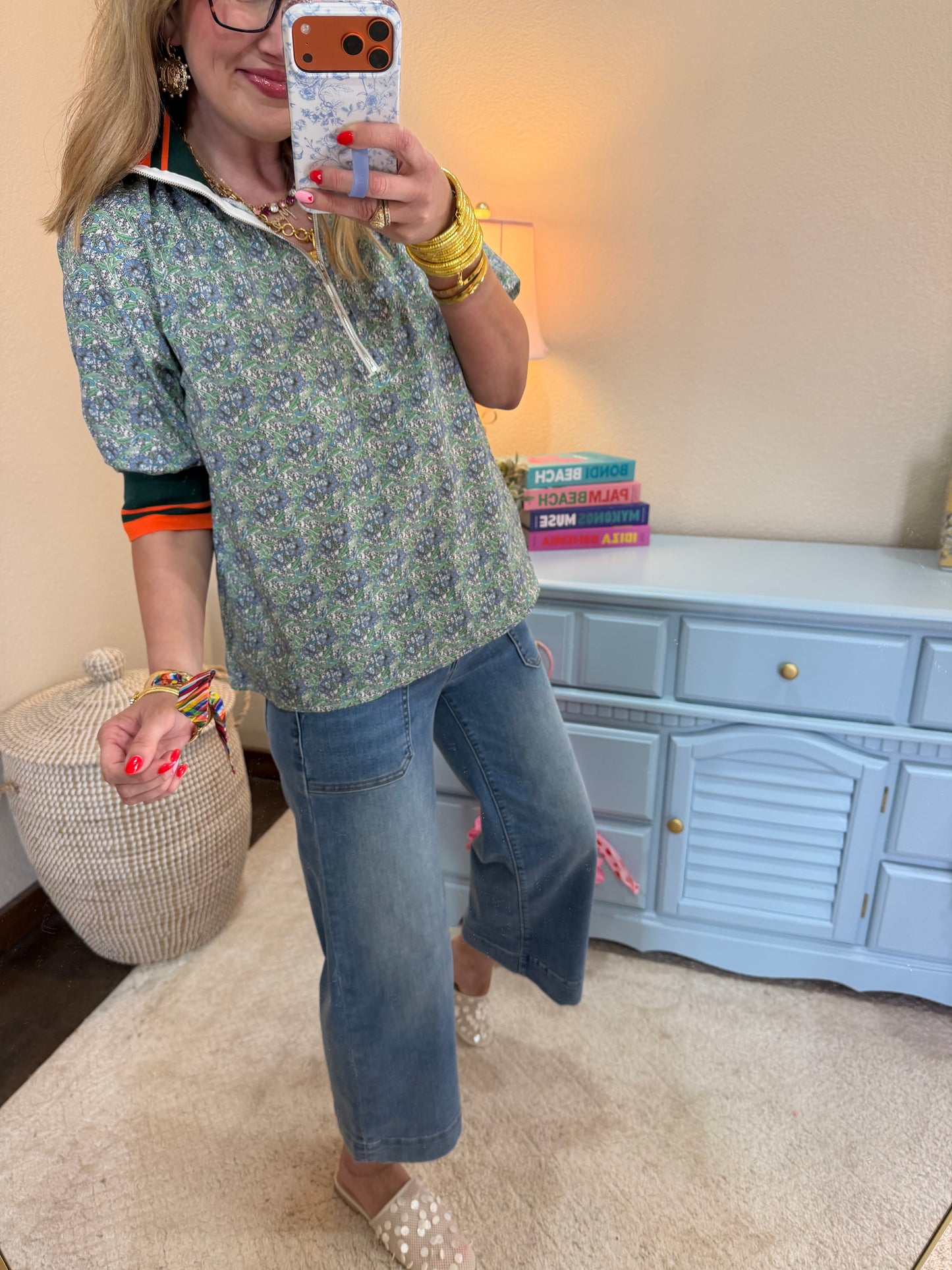 Green Striped Rib-Knit Half Zip Printed Top