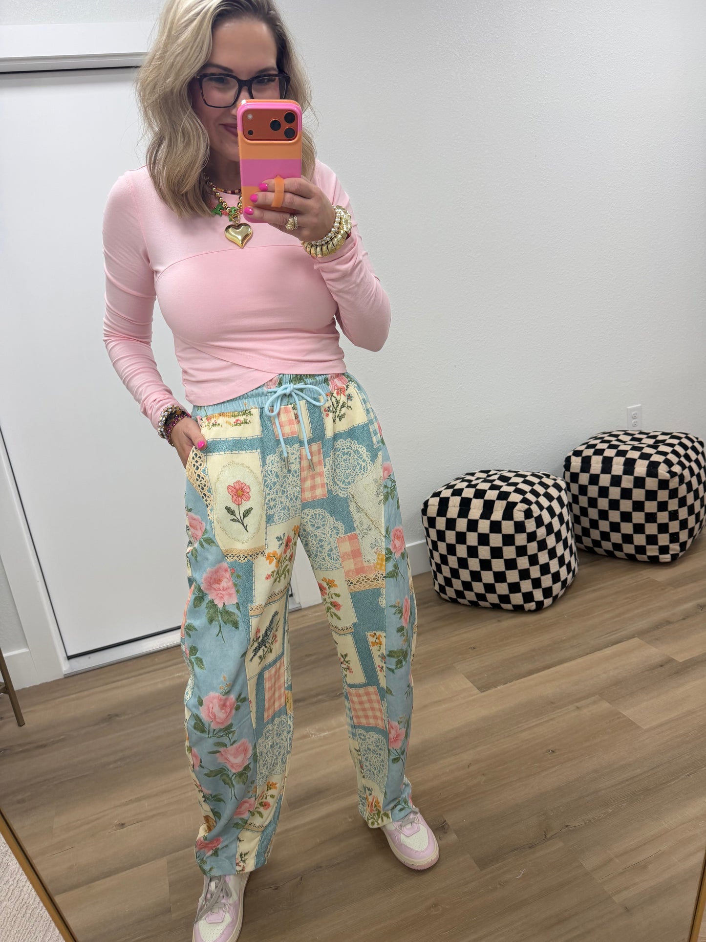 Blue Combo Cottage Floral Patchwork Print Knit Jogger Pants
