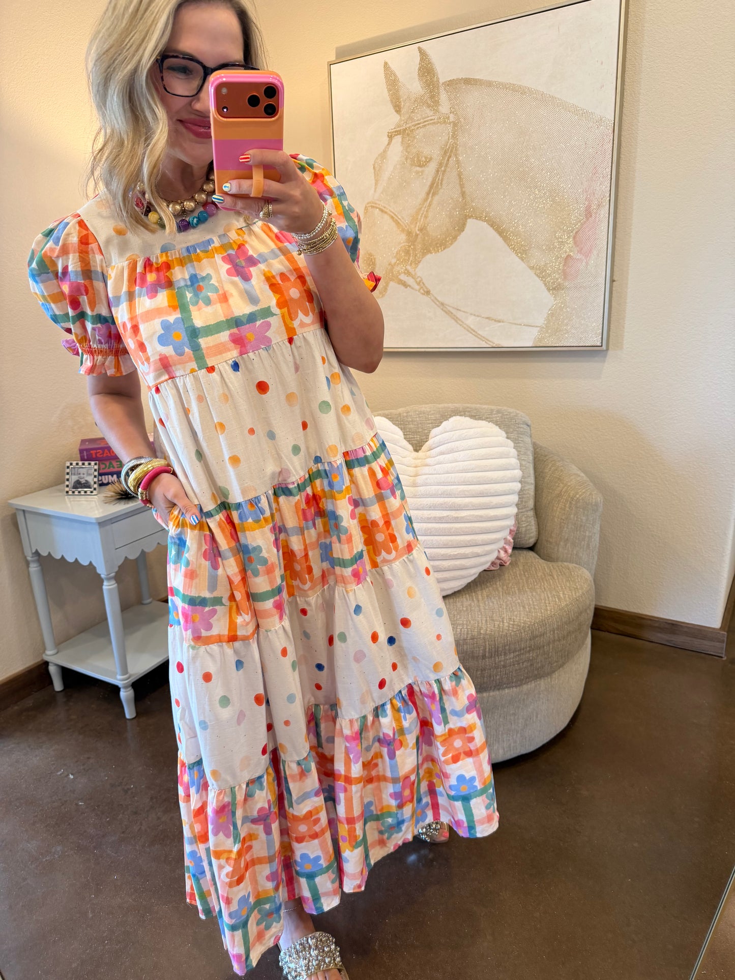 Pastel Plaid With Dots & Flowers Maxi Dress