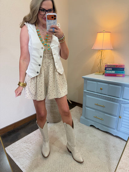 Floral Denim Romper With Pleated Detail